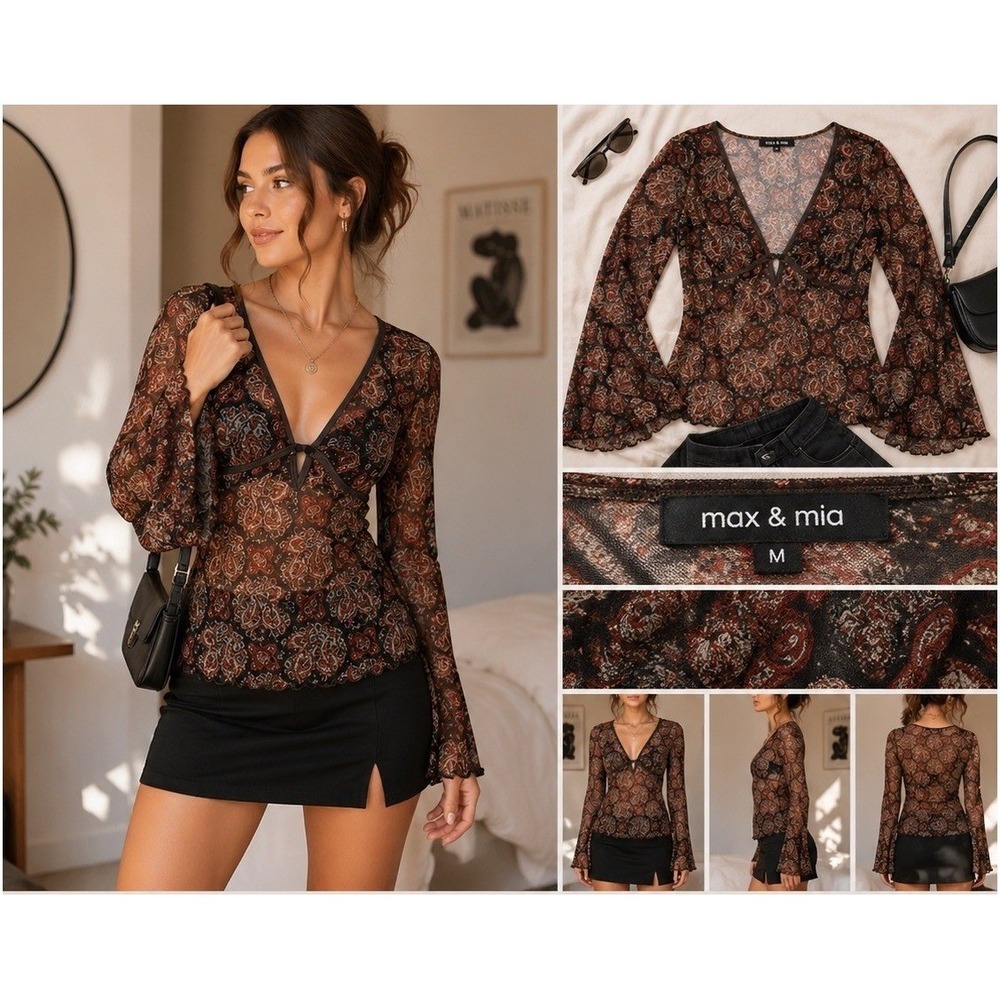 Y2K Paisley Mesh Top W Med Brown V-Neck Bell Sleeve Retro Rave Party WhimsyGoth